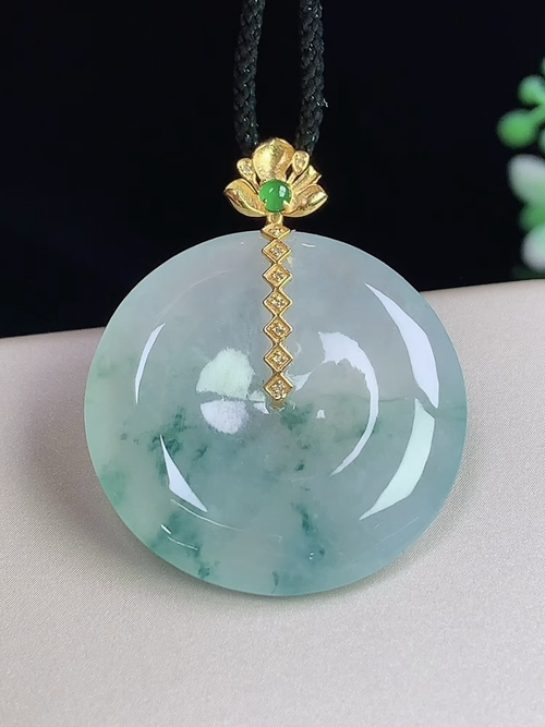 18k金镶冰种飘花平安扣，无裂，尺寸27.2*4.7mm，j14hay