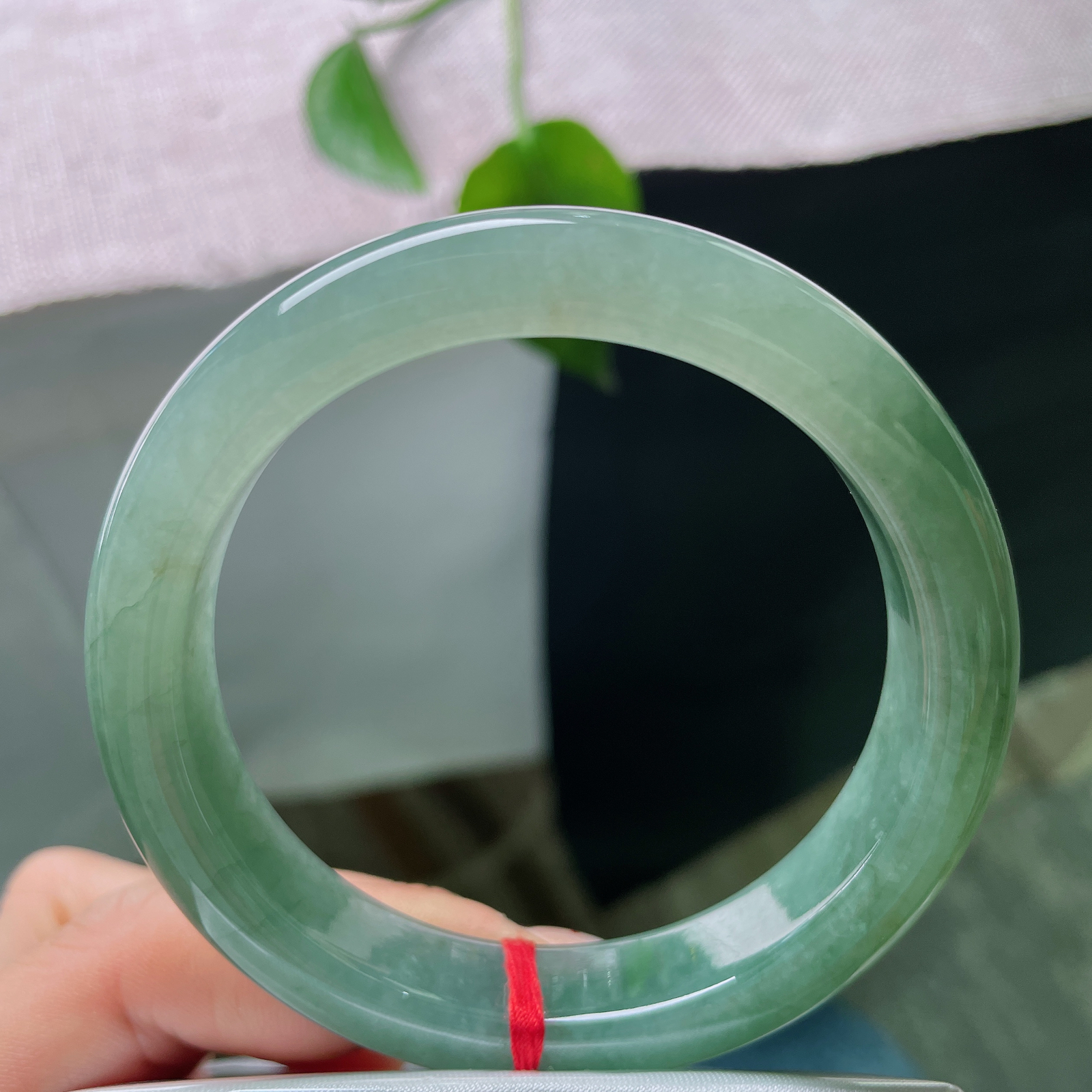特惠活动，57.6/12.6/8.7，油青正圈，一点皮纹，一汪幽潭锁素环，整只镯子裹着温润的湖调青绿
