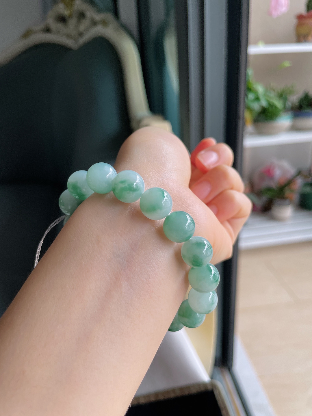 缅甸天然翡翠A货，冰飘花手链，尺寸：11.6mm。【编3868】