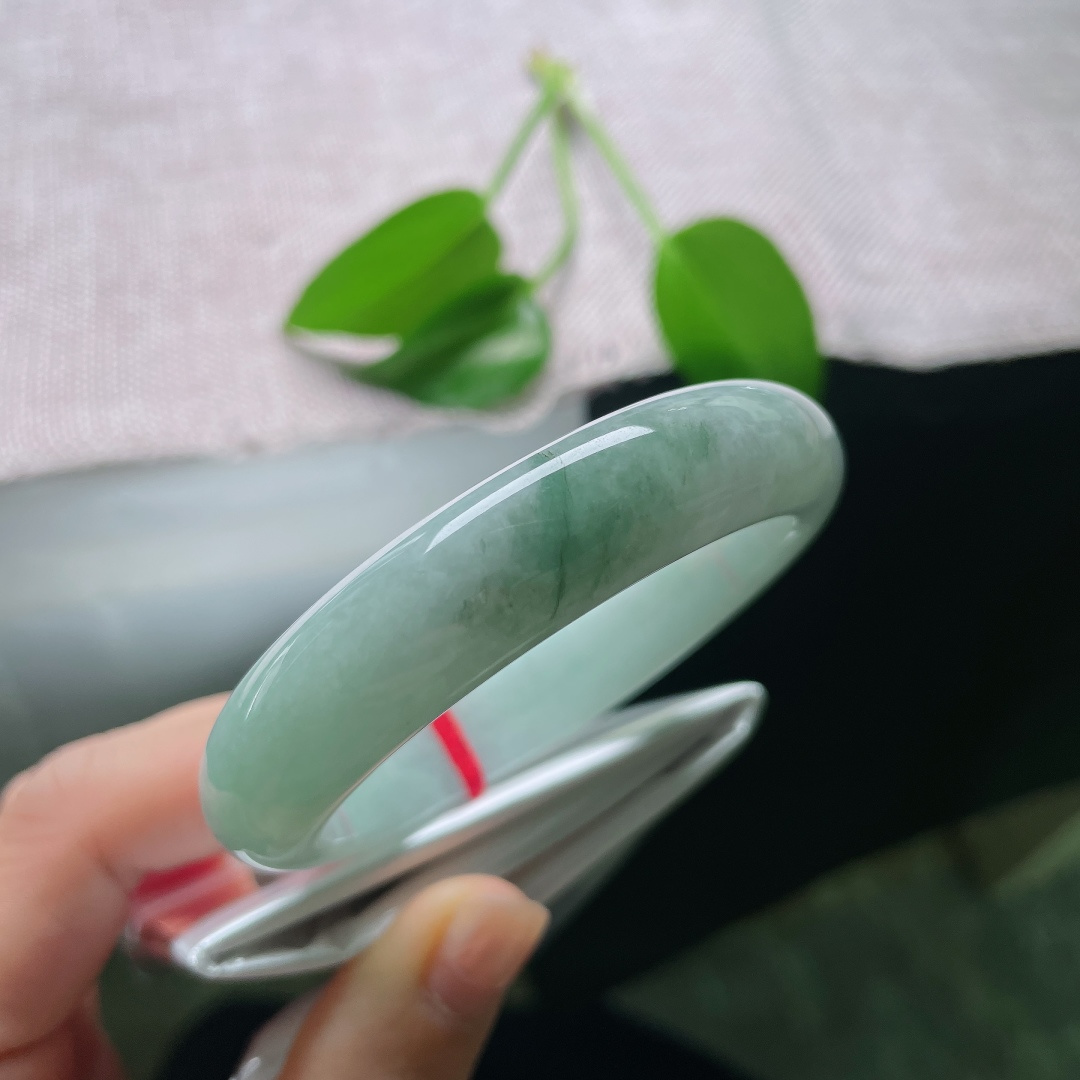 53.5/12.6/8.4，油青正圈，一点皮纹，天然半山半水翡翠，色泽过渡行云流水，每一只都是独一份风景。ss59017a