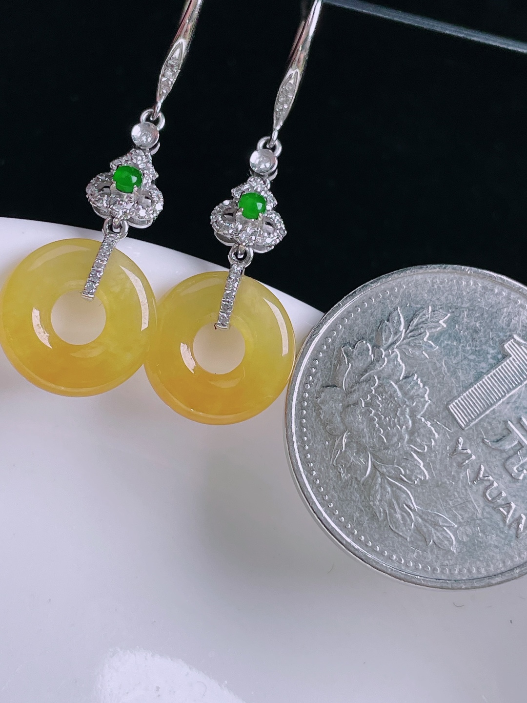 ️冰黄耳坠，18k镶嵌，老种起光，细底通透，尺寸：32.5裸石11.9/2.8mm0915