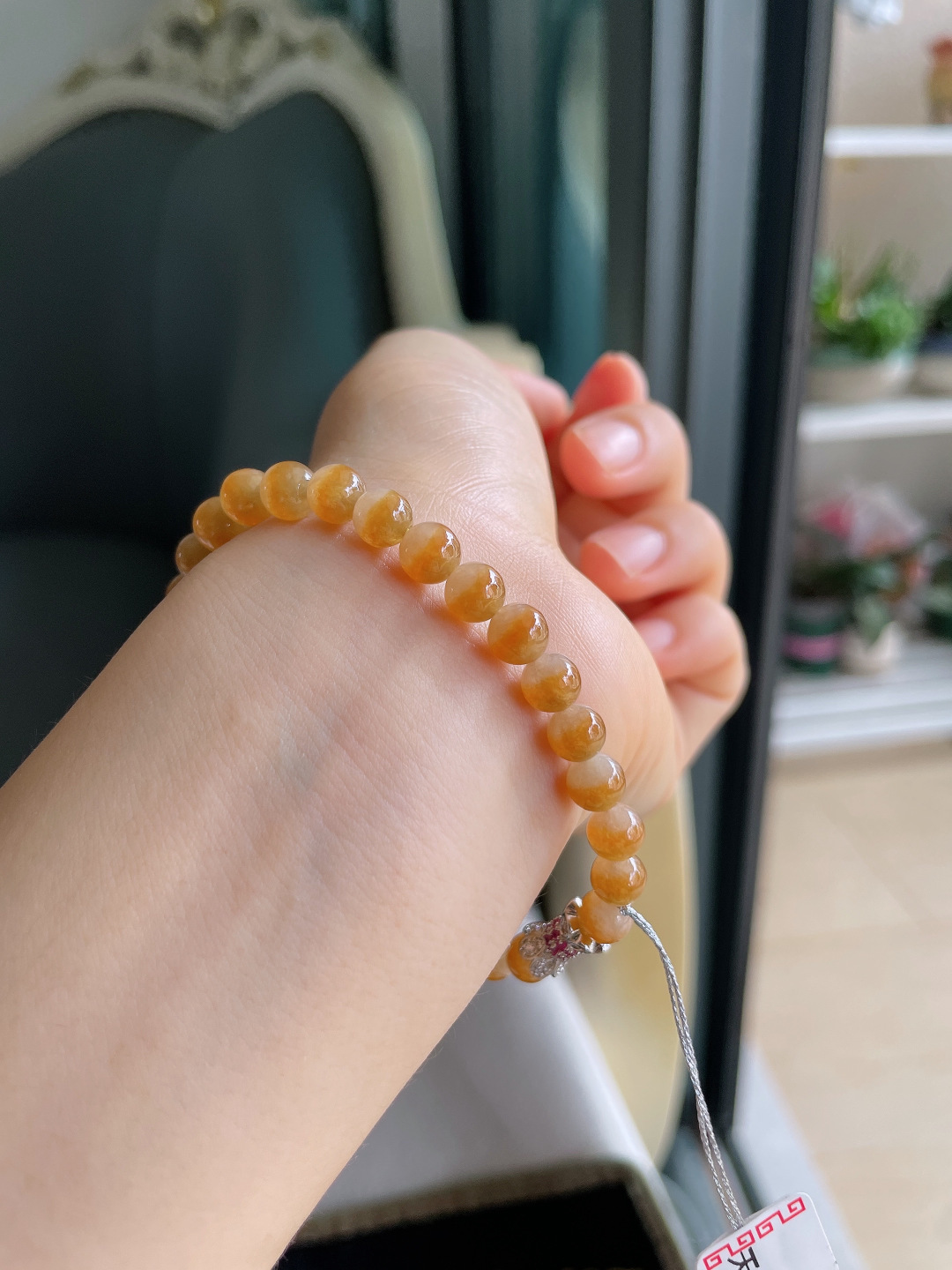 缅甸翡翠A货，冰黄翡手链，尺寸：6.4mm。【编4525】