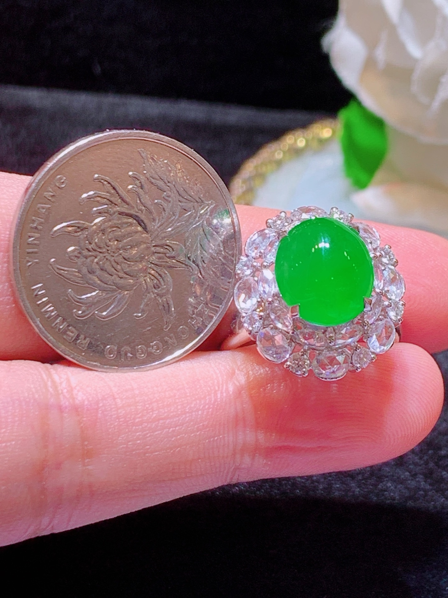 ️翡翠A货 满绿蛋面戒指 18k金镶嵌，冰润细腻，佩戴效果出众，19.3-17.6-13.2