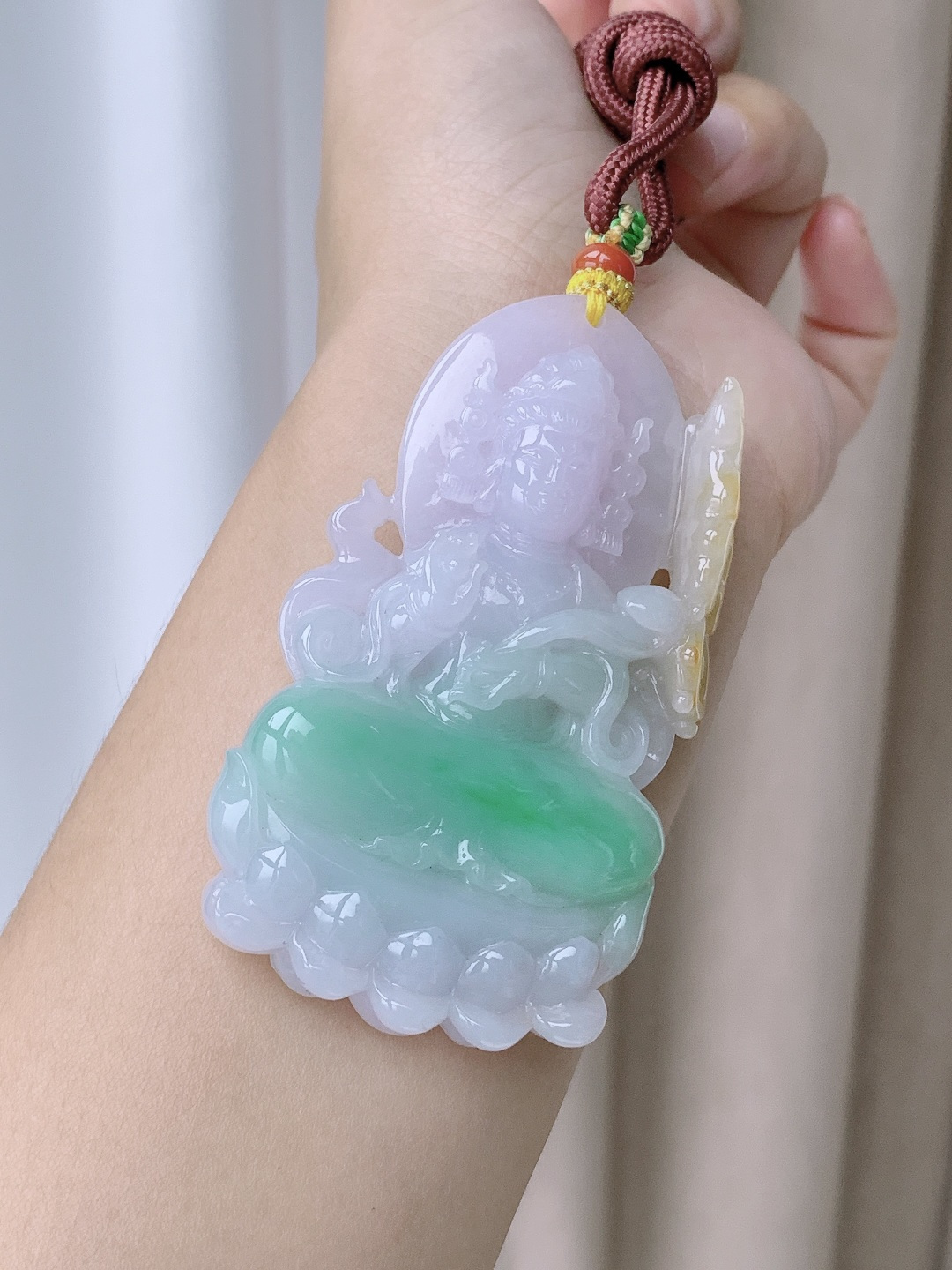 【裸石】冰紫底观音牌三彩观音牌吊坠 【说明】缅甸 性比高 飘果绿 飘黄翡 超厚 福禄寿 【尺寸】7