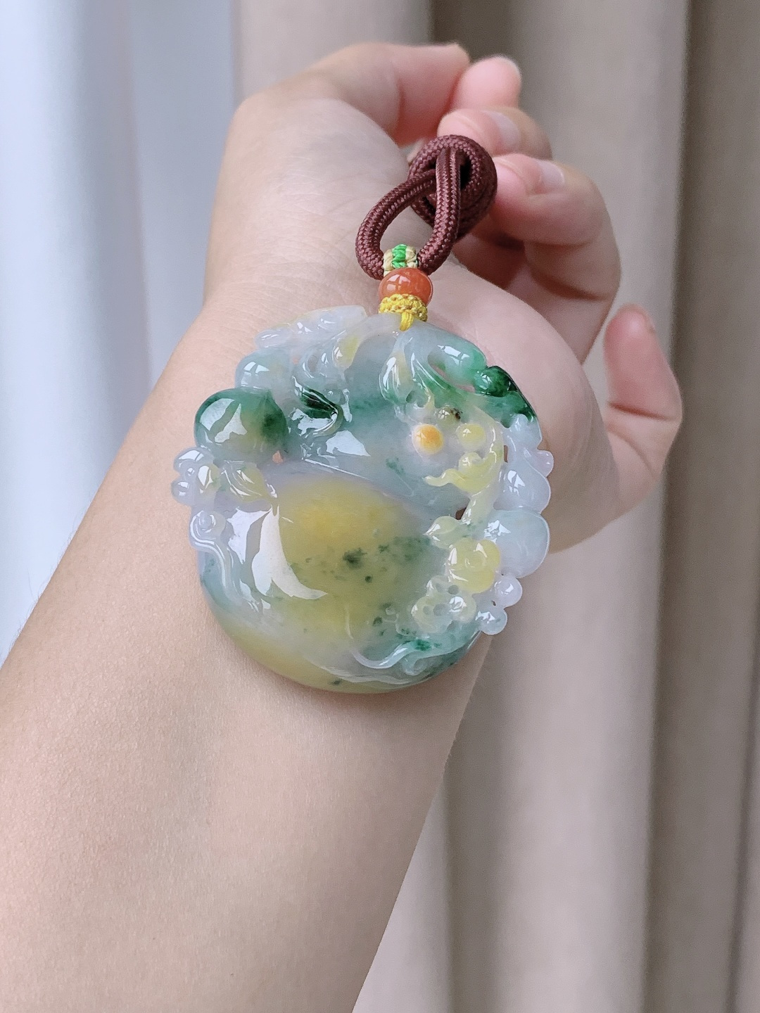【裸石】冰三彩大葫芦飘花大葫芦吊坠 【说明】缅甸 性比高 超厚 福禄 飘黄翡 【尺寸】47-4.4