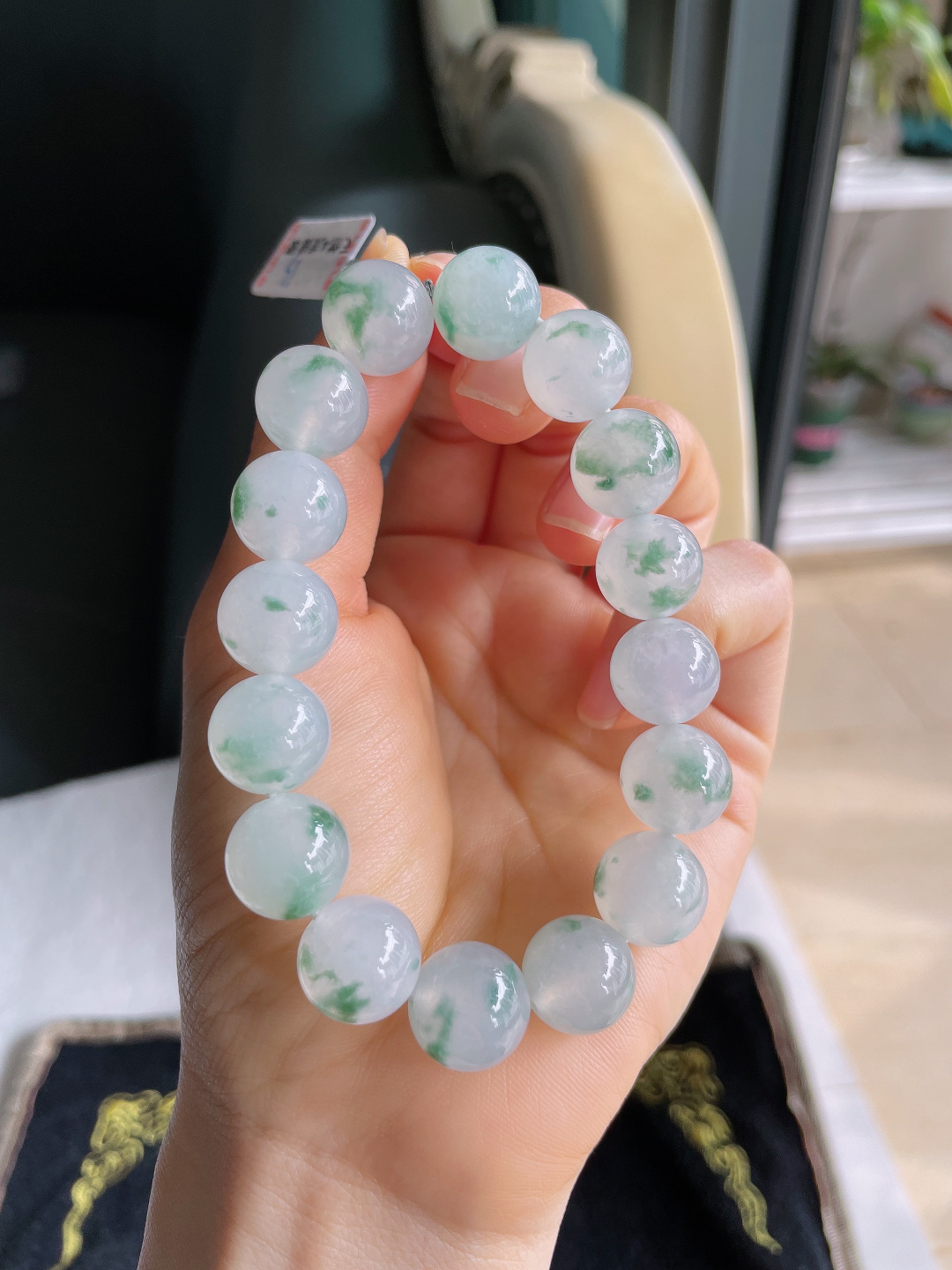 ️，缅甸天然翡翠A货，冰飘花手链，尺寸：12.8mm。【编1314】