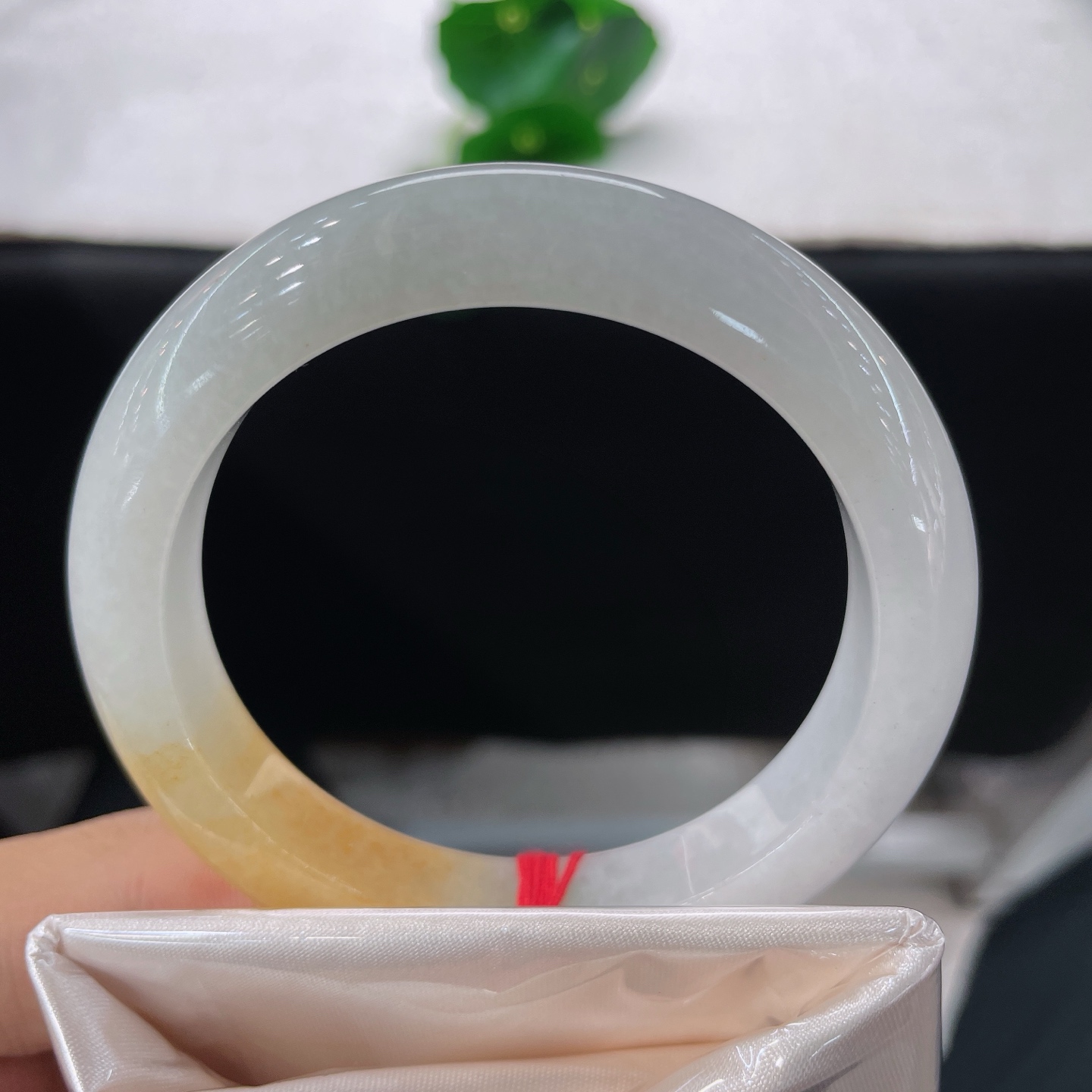 天然翡翠手镯 圈口56/11.9/9.0，黄加绿三彩正圈，55/56可戴，玉聚三色韵，黄翠落清环。无裂