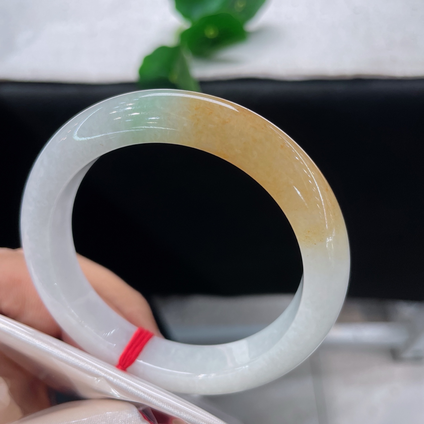 天然翡翠手镯 圈口56/11.9/9.0，黄加绿三彩正圈，55/56可戴，玉聚三色韵，黄翠落清环。无裂