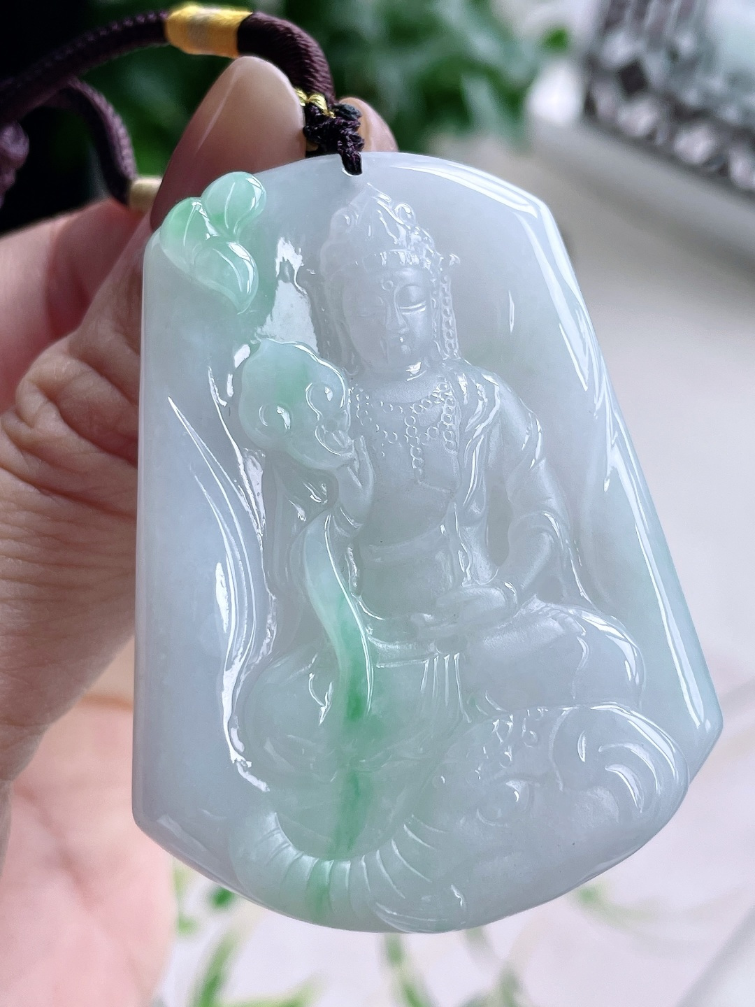 【裸石】冰糯种飘花普贤观音牌吊坠 【说明】缅甸 无裂 性比高 厚装 【尺寸】54.6-41.3-6