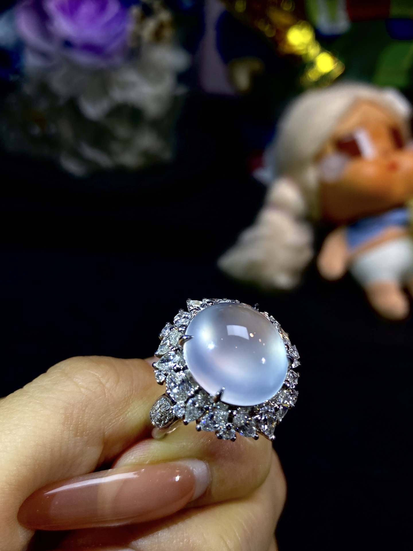 冰种玻蛋面戒指，裸石：14.8-14.0-6.0，14.8-14.0-6.0