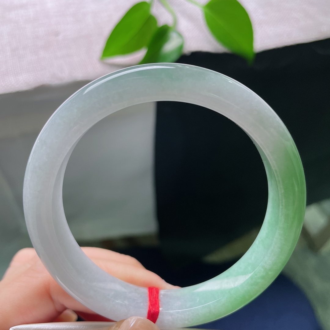 59/11.9/8.6，油青正圈，一点矿点，一镯两境，上半部分素净冰透，下半截晕染温润翠色，韵味十足。ss56766a