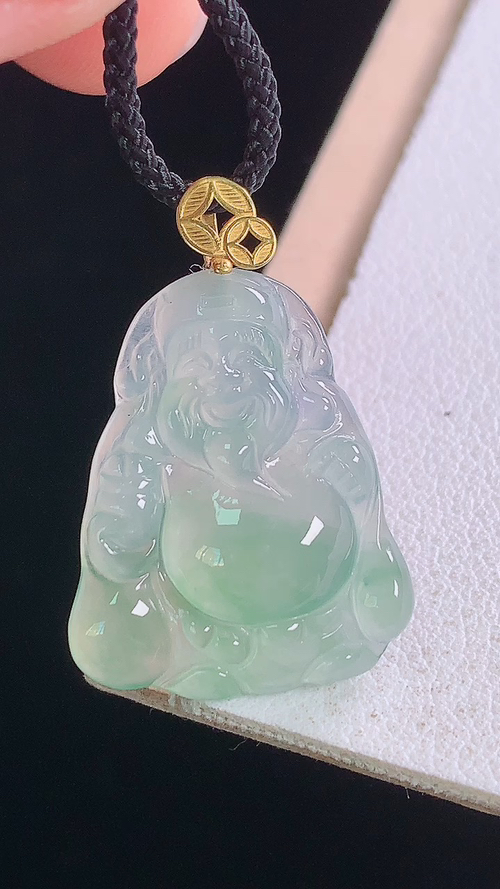 ️18K冰飘绿财神吊坠，无裂，尺寸:27.0-21.8-18.1-4.4mm 13