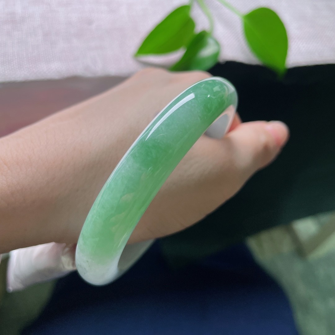 59/11.9/8.6，油青正圈，一点矿点，一镯两境，上半部分素净冰透，下半截晕染温润翠色，韵味十足。ss56766a