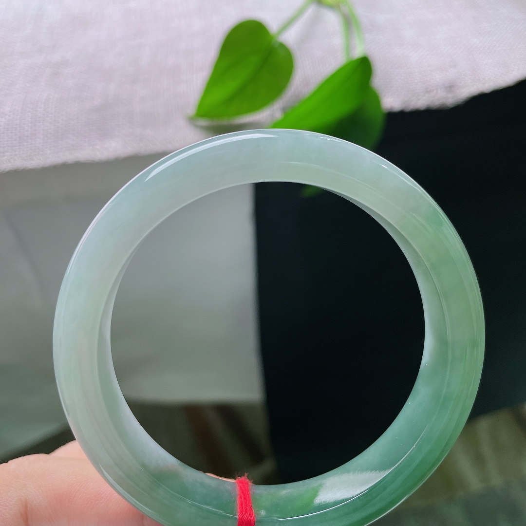 56.8/12.2/8.2，油青正圈，无裂，深绿部分沉静浓郁，浅底干净清透，一浓一淡相互映衬，如同山河湖海凝于腕间。ss57859a