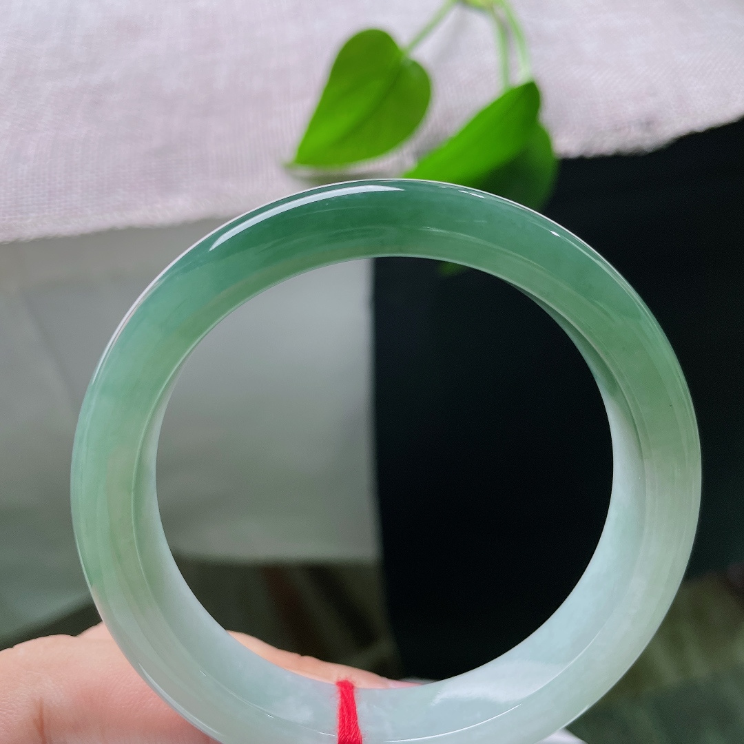 56.8/12.2/8.2，油青正圈，无裂，深绿部分沉静浓郁，浅底干净清透，一浓一淡相互映衬，如同山河湖海凝于腕间。ss57859a