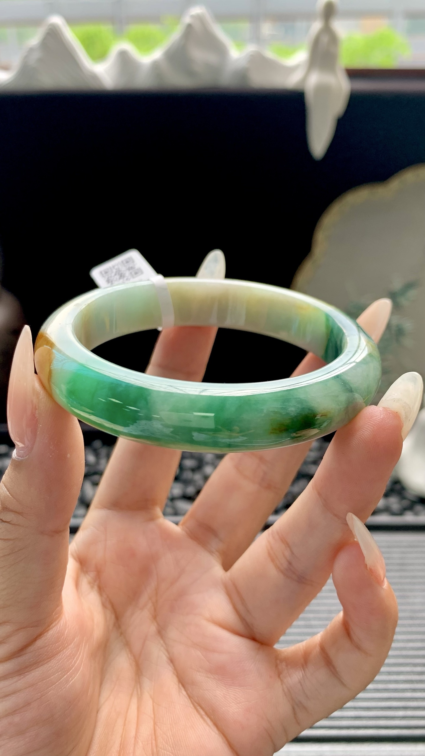 黄加绿飘花正圈手镯成品 HYY-9687 尺寸：55-12-8