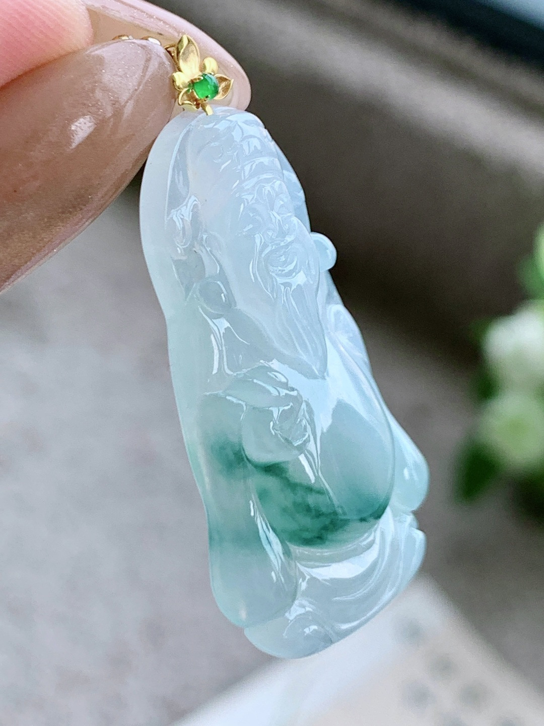 【镶嵌】🫧冰种飘花财神爷吊坠 【说明】缅甸 18k金镶嵌 无裂 性比高 【整体】42.6 【裸石】37.8-22.1-5.9 【重量】8.4克