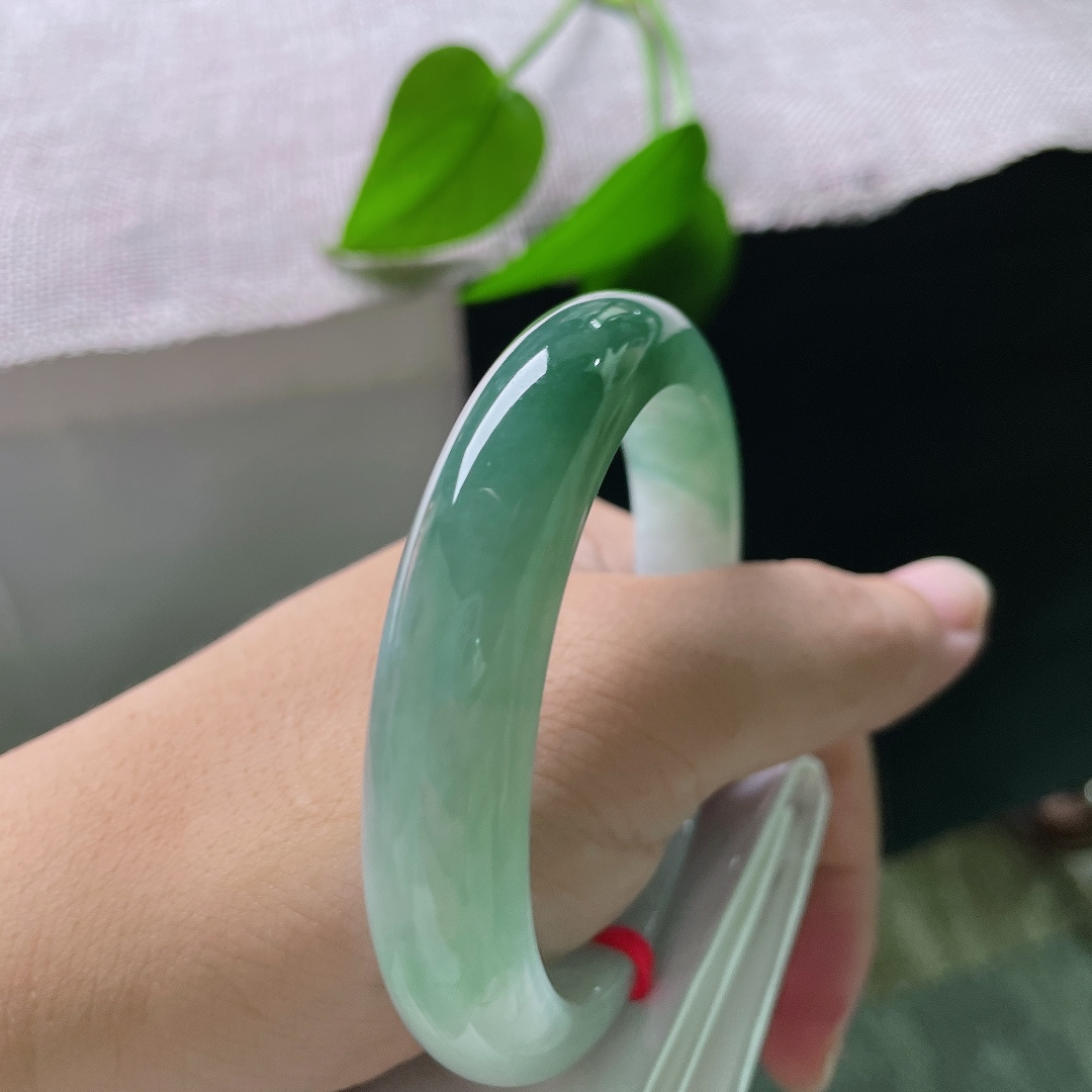 56.8/12.2/8.2，油青正圈，无裂，深绿部分沉静浓郁，浅底干净清透，一浓一淡相互映衬，如同山河湖海凝于腕间。ss57859a
