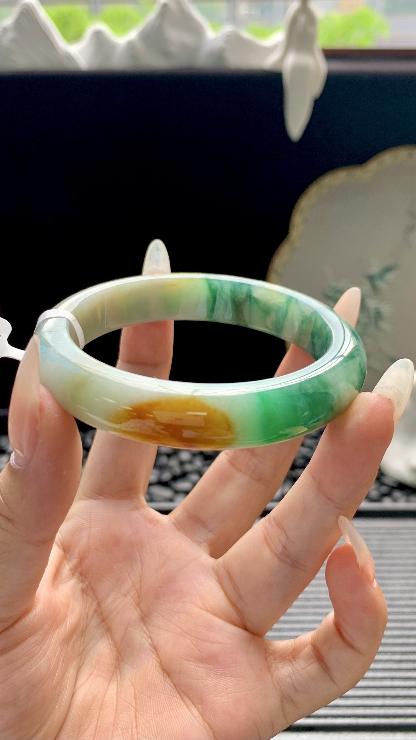 黄加绿飘花正圈手镯成品 HYY-9687 尺寸：55-12-8