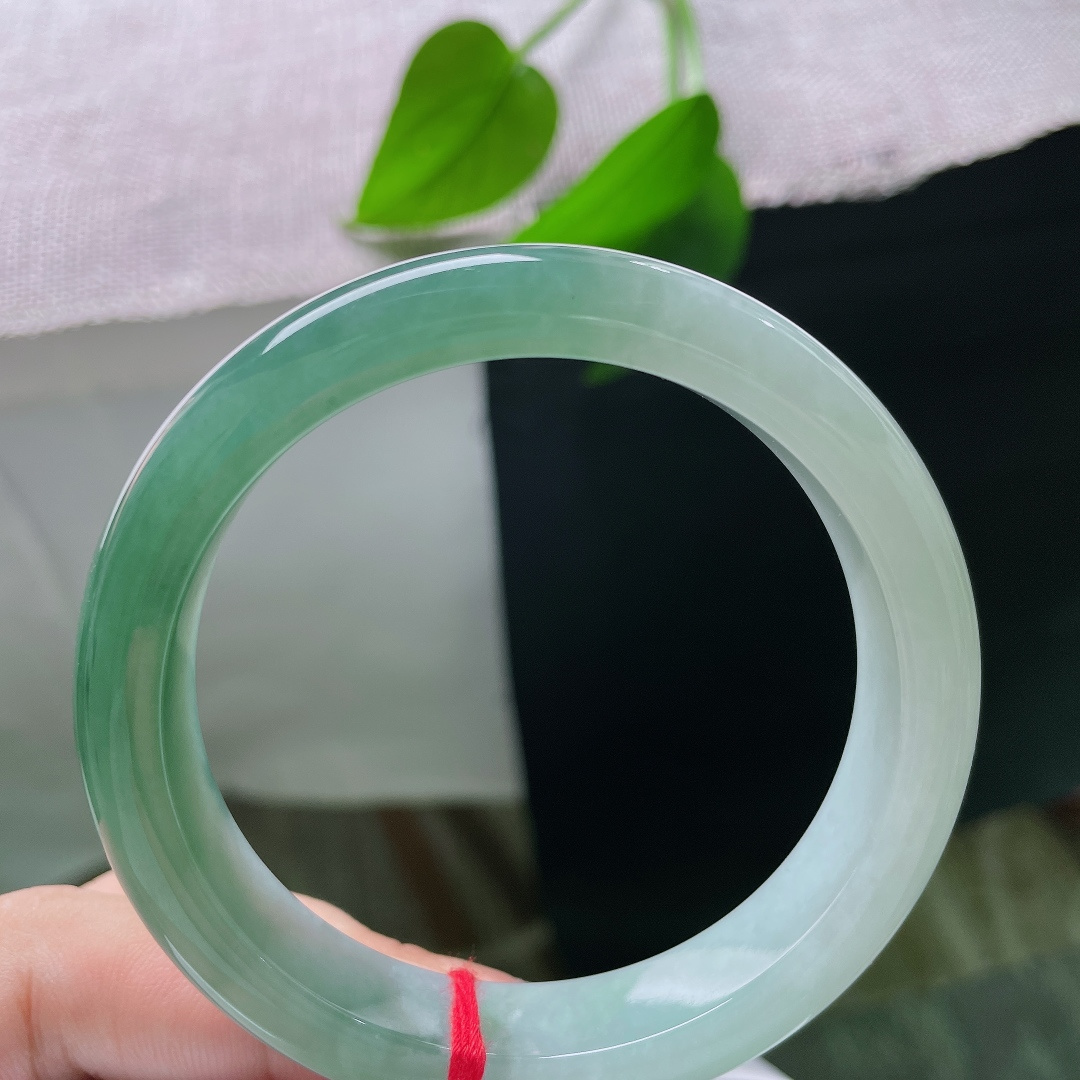 56.8/12.2/8.2，油青正圈，无裂，深绿部分沉静浓郁，浅底干净清透，一浓一淡相互映衬，如同山河湖海凝于腕间。ss57859a