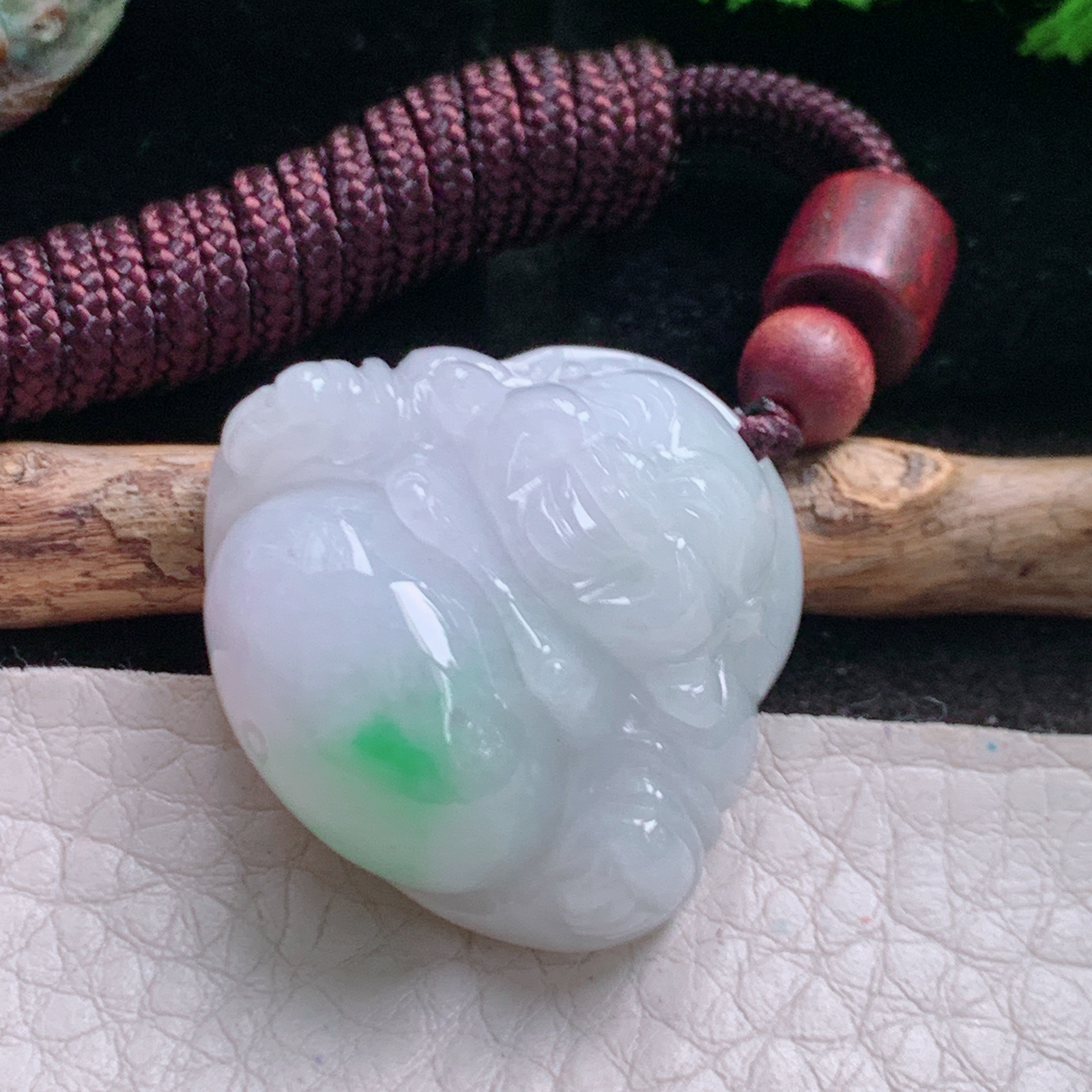zen实拍27*30.5*12.8缅甸翡翠a货精雕白底青饱满佛公 开心佛玉挂件