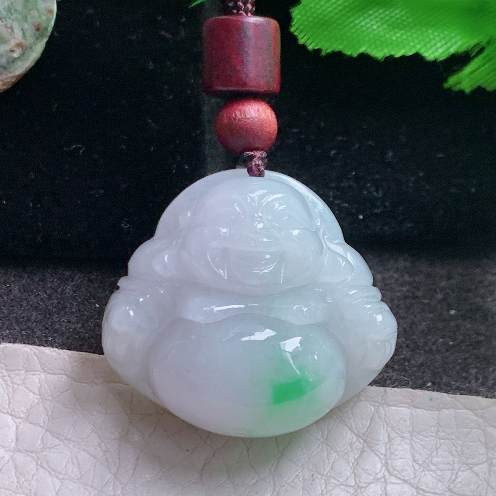 zen实拍27*30.5*12.8缅甸翡翠a货精雕白底青饱满佛公 开心佛玉挂件