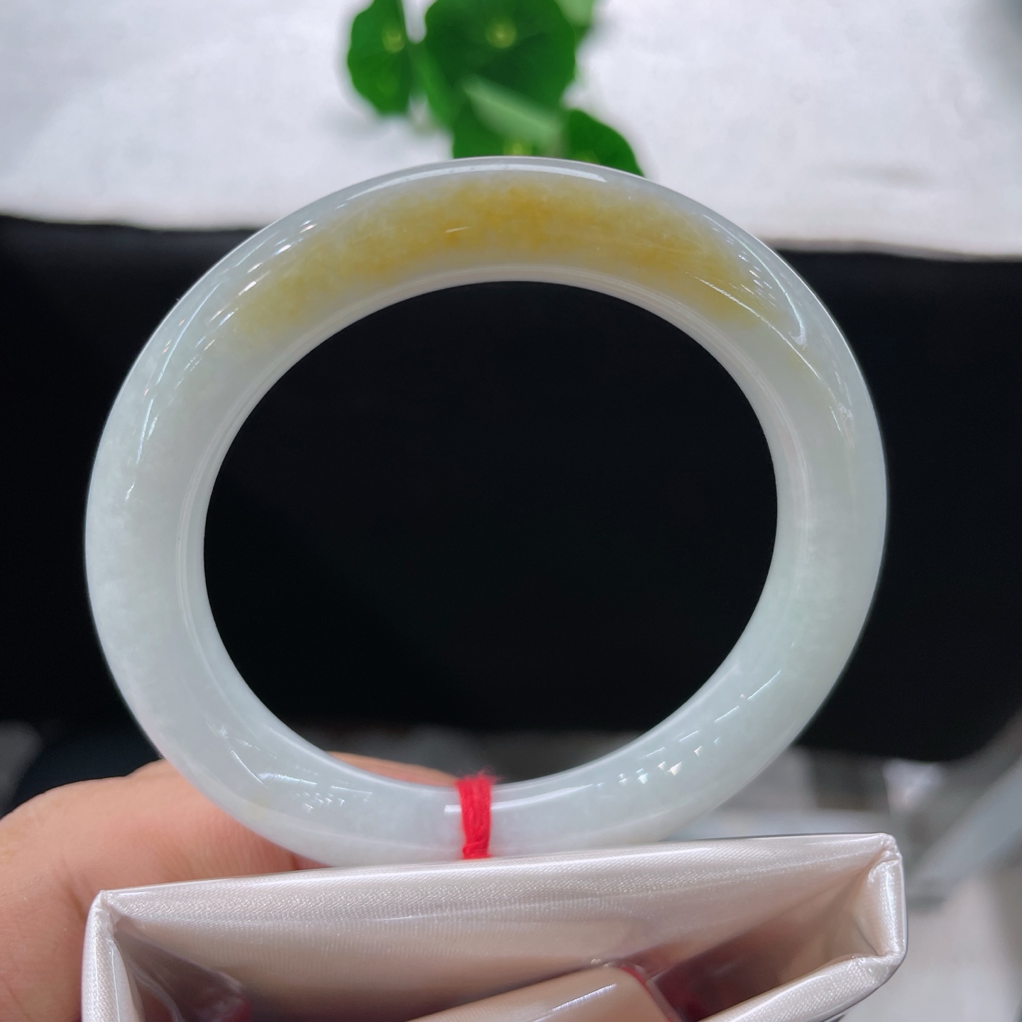 翡翠手镯 圈口54.3/10/9.6，黄翡圆条，正圈55/56可戴，仿若薄雾绕林，质地温润，底色清润泛白，一抹暖黄俏色悠然晕染