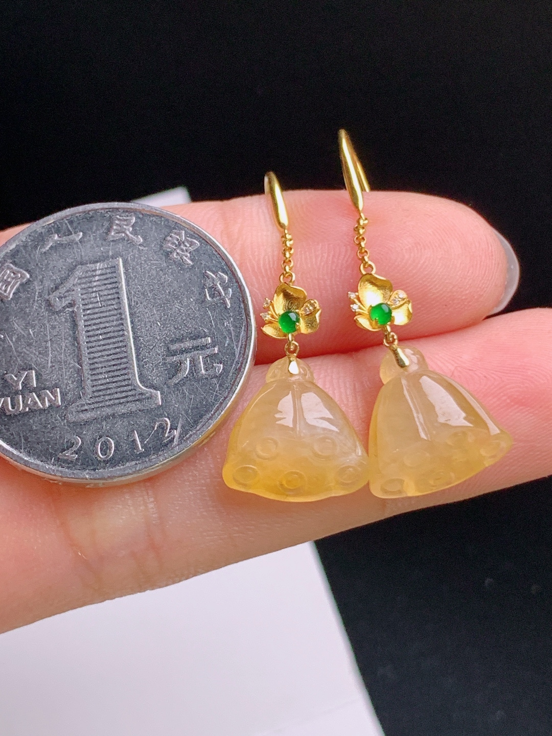 ️ 黄翡莲蓬耳坠，金润通透，18K金镶嵌，多子多福 裸石11.7-11.9-5.8 530914