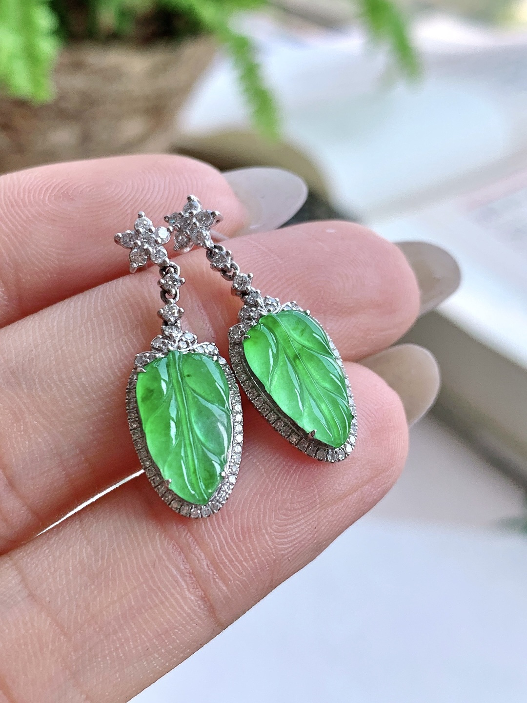 冰阳绿叶子树叶耳坠 缅甸 18k金镶嵌 性比高 24.2-9-3.5
