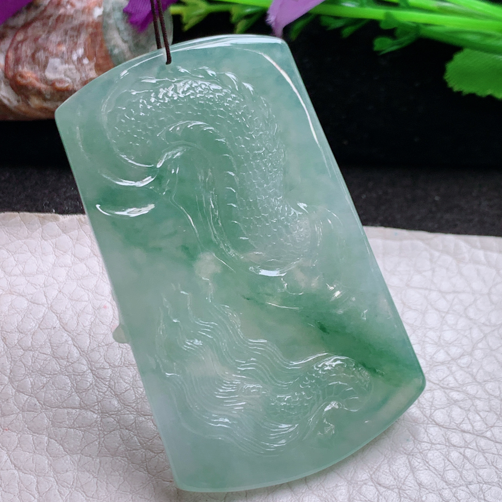 ktj实拍62.8*38.3*6.5缅甸翡翠精雕高品质冰飘花龙行天下  龙牌玉吊坠