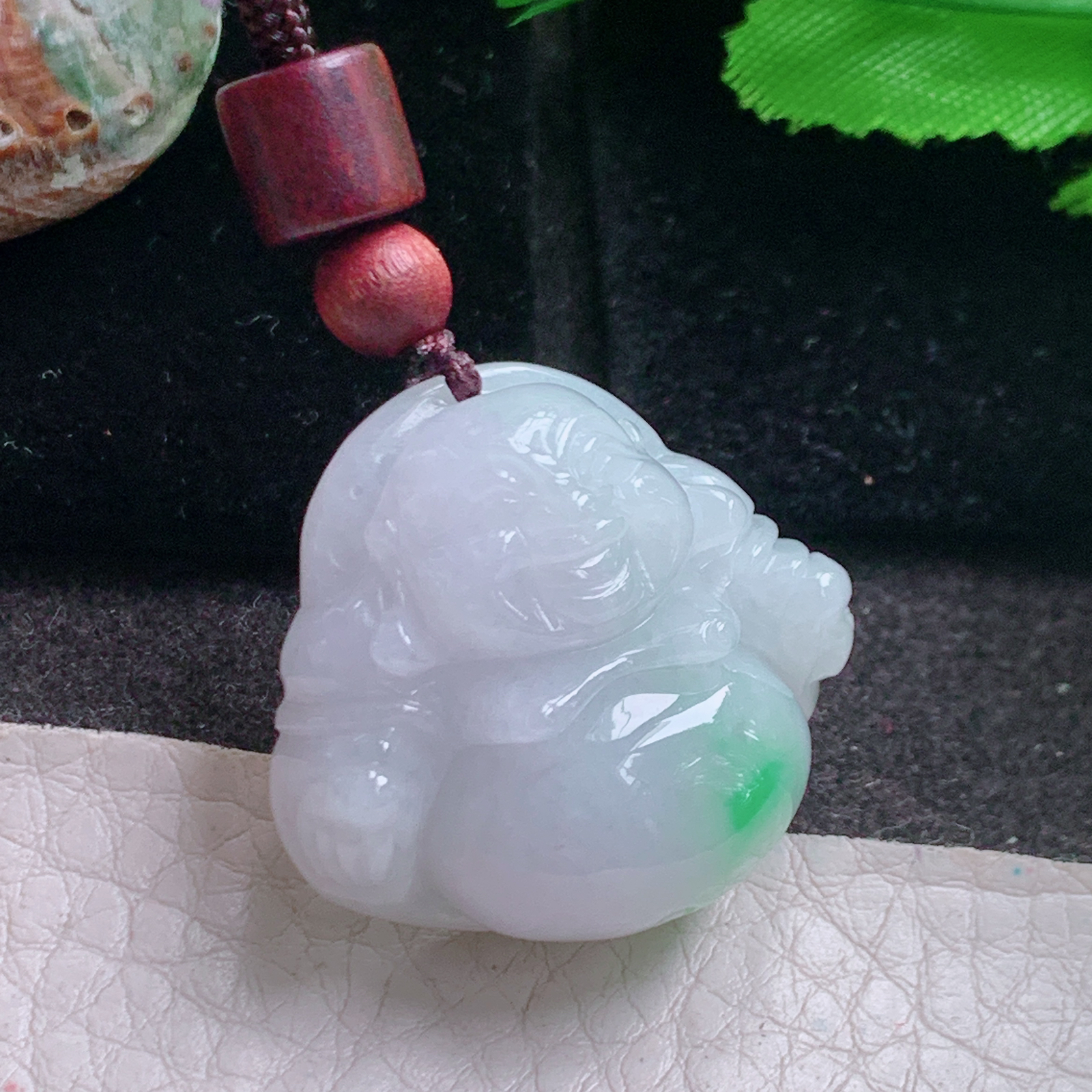 zen实拍27*30.5*12.8缅甸翡翠a货精雕白底青饱满佛公 开心佛玉挂件