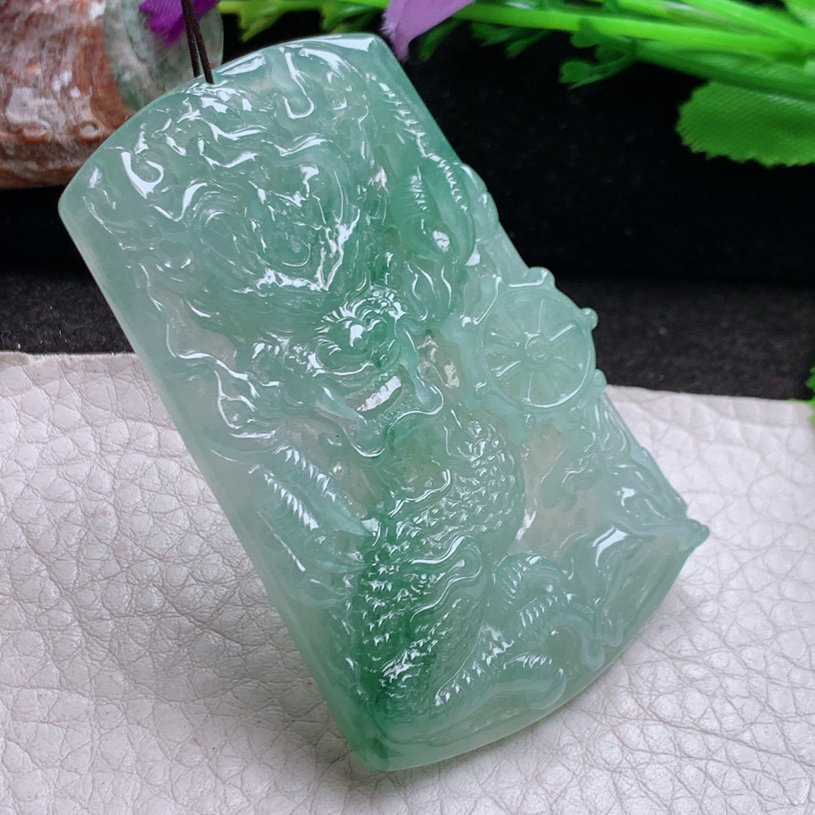 ktj实拍62.8*38.3*6.5缅甸翡翠精雕高品质冰飘花龙行天下  龙牌玉吊坠