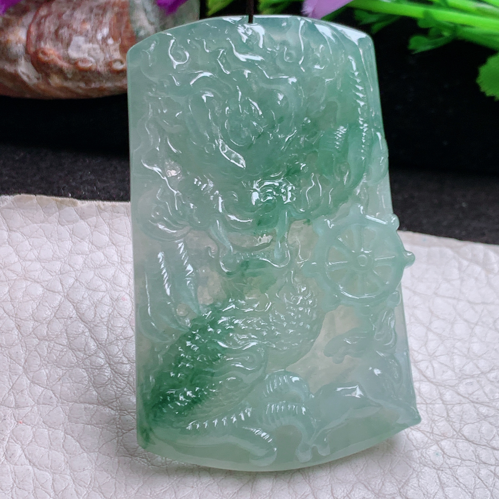 ktj实拍62.8*38.3*6.5缅甸翡翠精雕高品质冰飘花龙行天下  龙牌玉吊坠