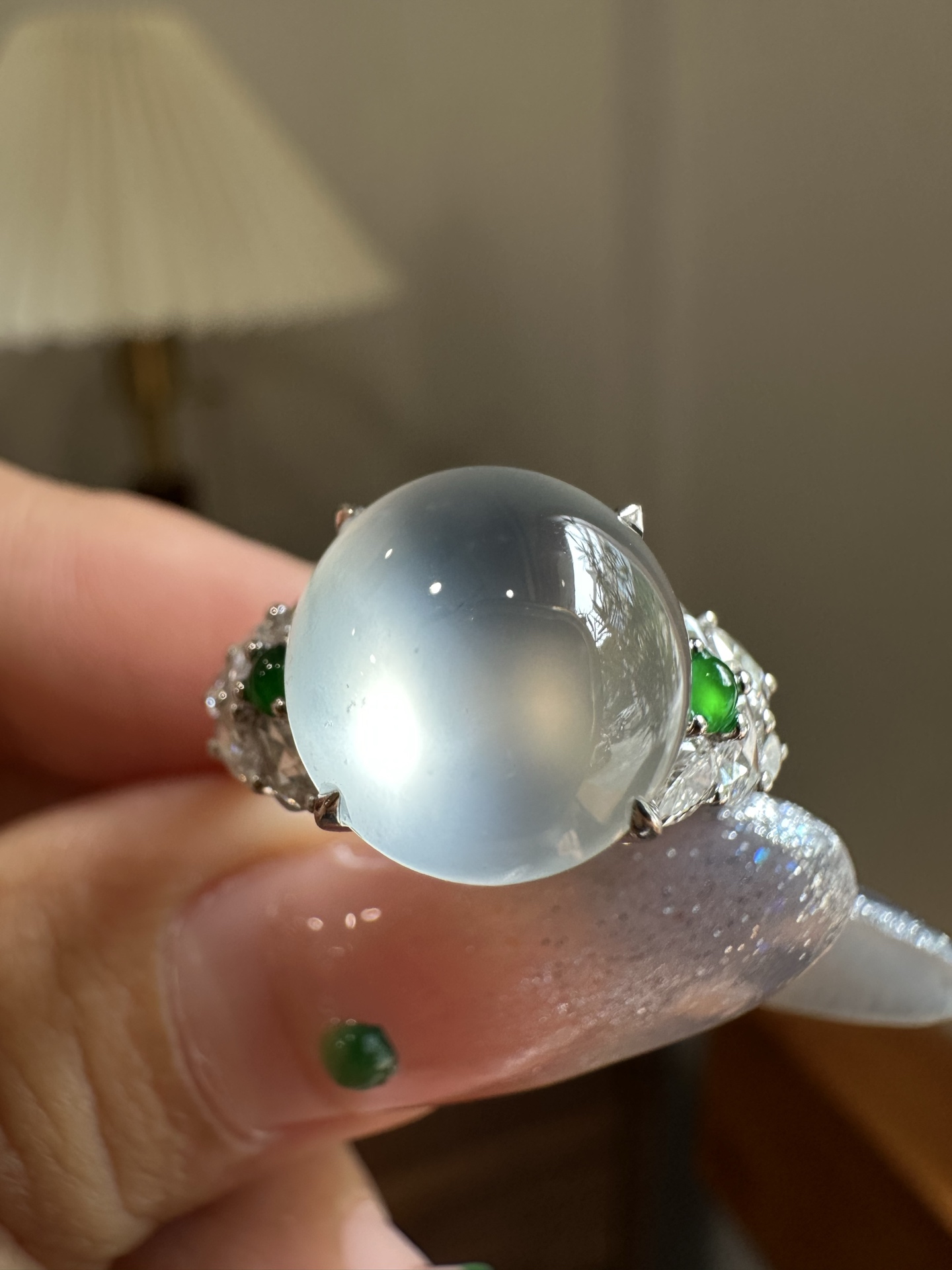 ️ 冰种玻蛋面四爪镶戒指