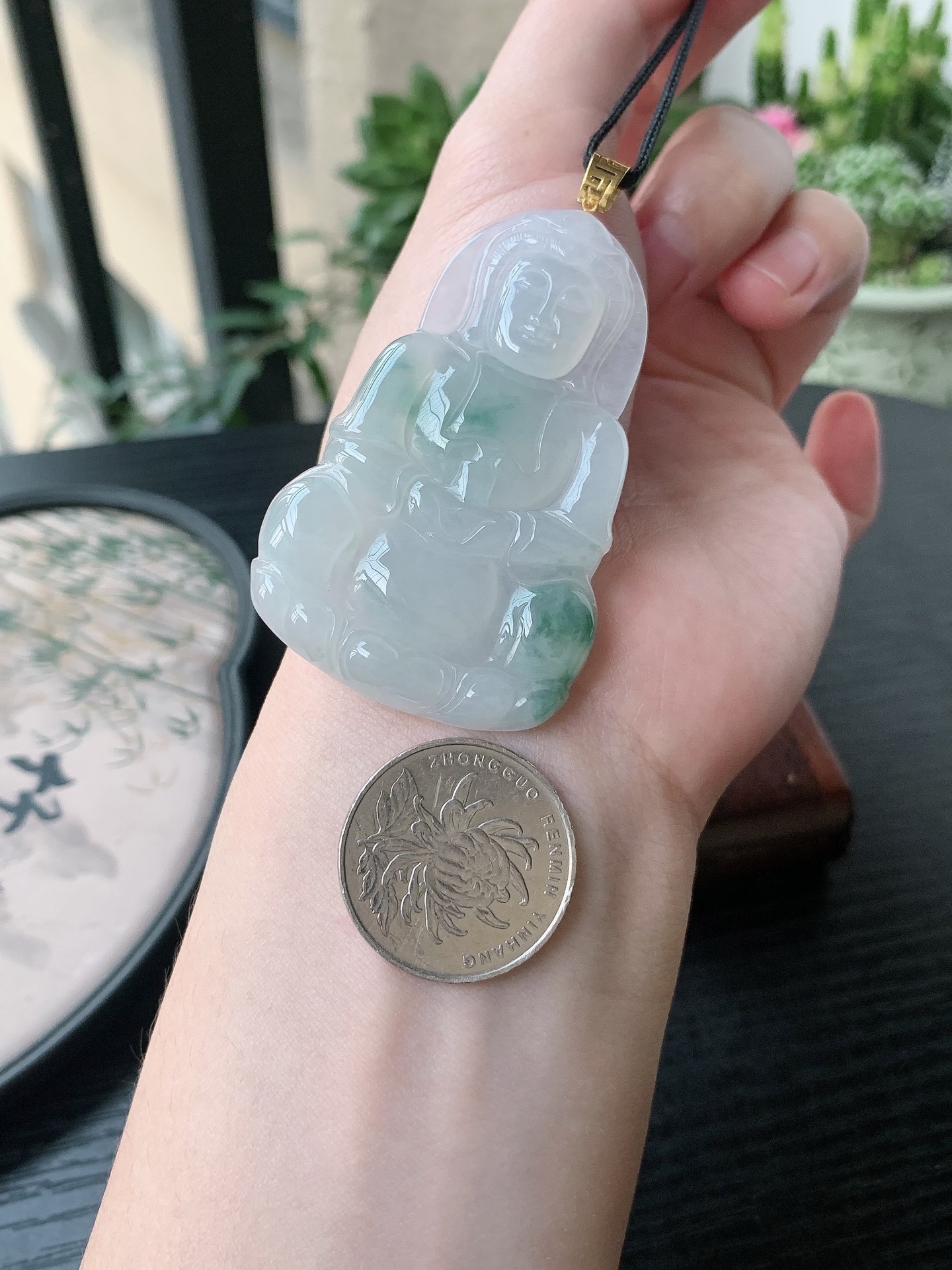 18k金镶嵌老坑冰种胶感飘蓝花观音吊坠 裸石尺寸:58.5-37.7-5.8mm
