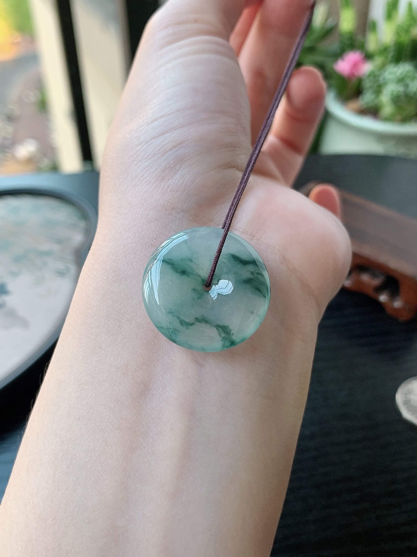 老坑冰种胶感飘蓝花平安扣吊坠 裸石尺寸:25-5.6mm