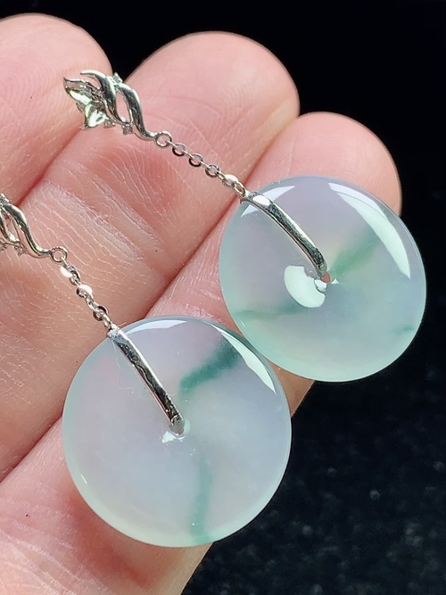 18k金镶冰种飘花平安扣耳坠，裸石尺寸16.2-2.9mm，sr23dk88
