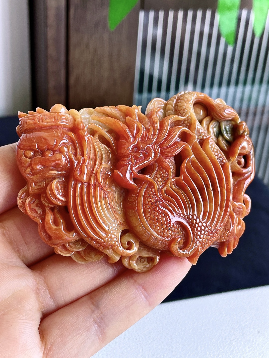 【裸石】冰红翡飞龙在天貔貅手把件 【说明】缅甸 无裂 性比高 超厚 【尺寸】81.6-58.5-1