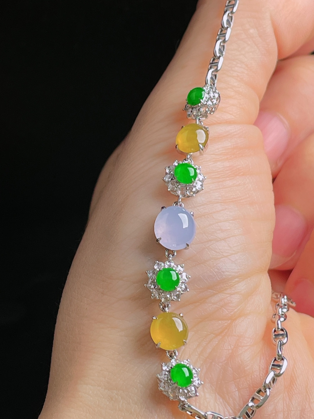 冰紫手链，18k镶嵌，老种起光，细底通透，尺寸：裸石8/7.5/4mm0918
