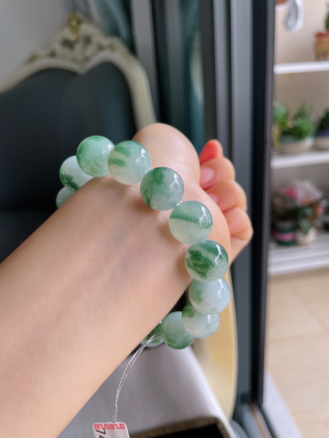 ️，缅甸天然翡翠A货，冰种飘花手链，大颗粒，尺寸：14.2mm。【编4533】
