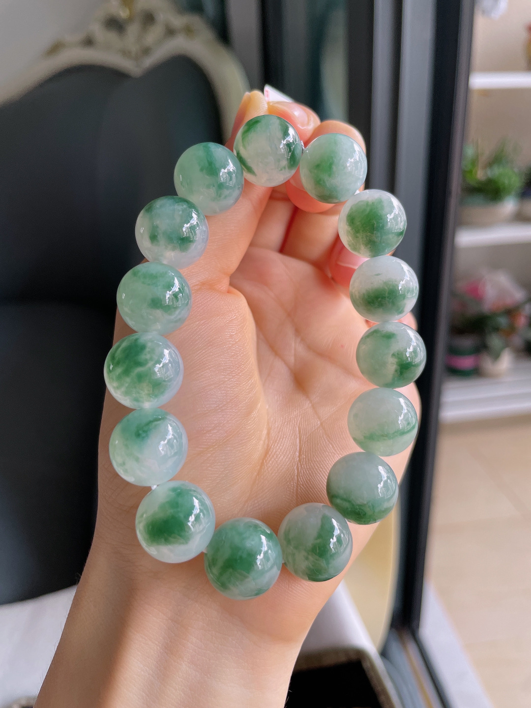 ️，缅甸天然翡翠A货，冰种飘花手链，大颗粒，尺寸：14.2mm。【编4533】