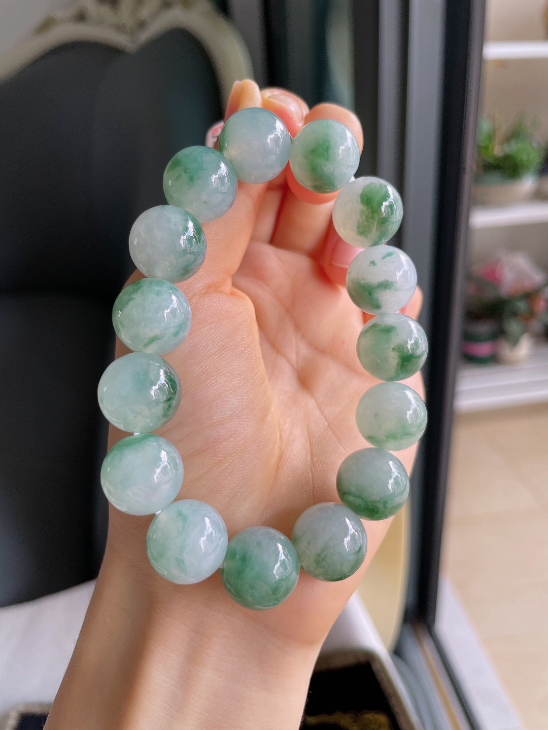 ️，缅甸天然翡翠A货，冰种飘花手链，大颗粒，尺寸：14.2mm。【编4533】