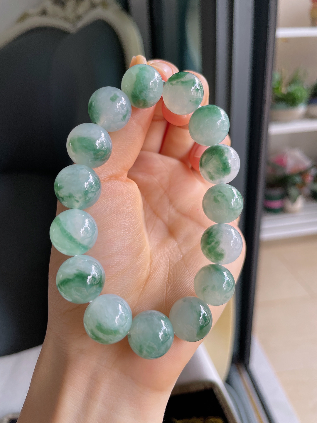 ️，缅甸天然翡翠A货，冰种飘花手链，大颗粒，尺寸：14.2mm。【编4533】