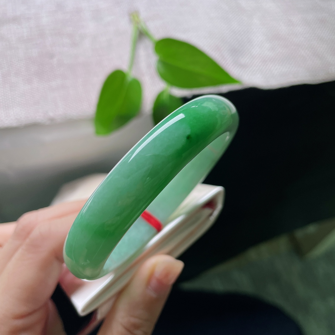 58.9/12.7/8.2，飘绿正圈，皮纹，温润细腻，翠色如烟似絮，仿佛春日山野的翠意，凝在一圈温润玉骨之间。ss59492a