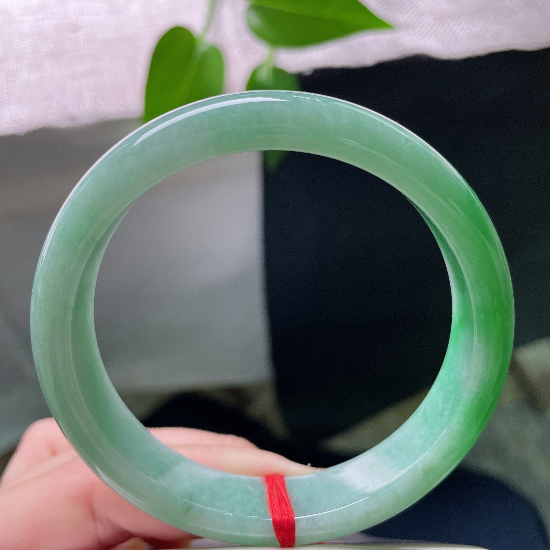 58.9/12.7/8.2，飘绿正圈，皮纹，温润细腻，翠色如烟似絮，仿佛春日山野的翠意，凝在一圈温润玉骨之间。ss59492a