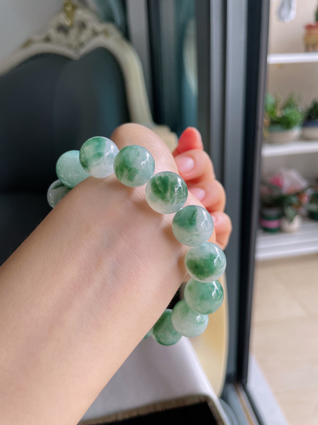 ️，缅甸天然翡翠A货，冰种飘花手链，大颗粒，尺寸：14.2mm。【编4533】