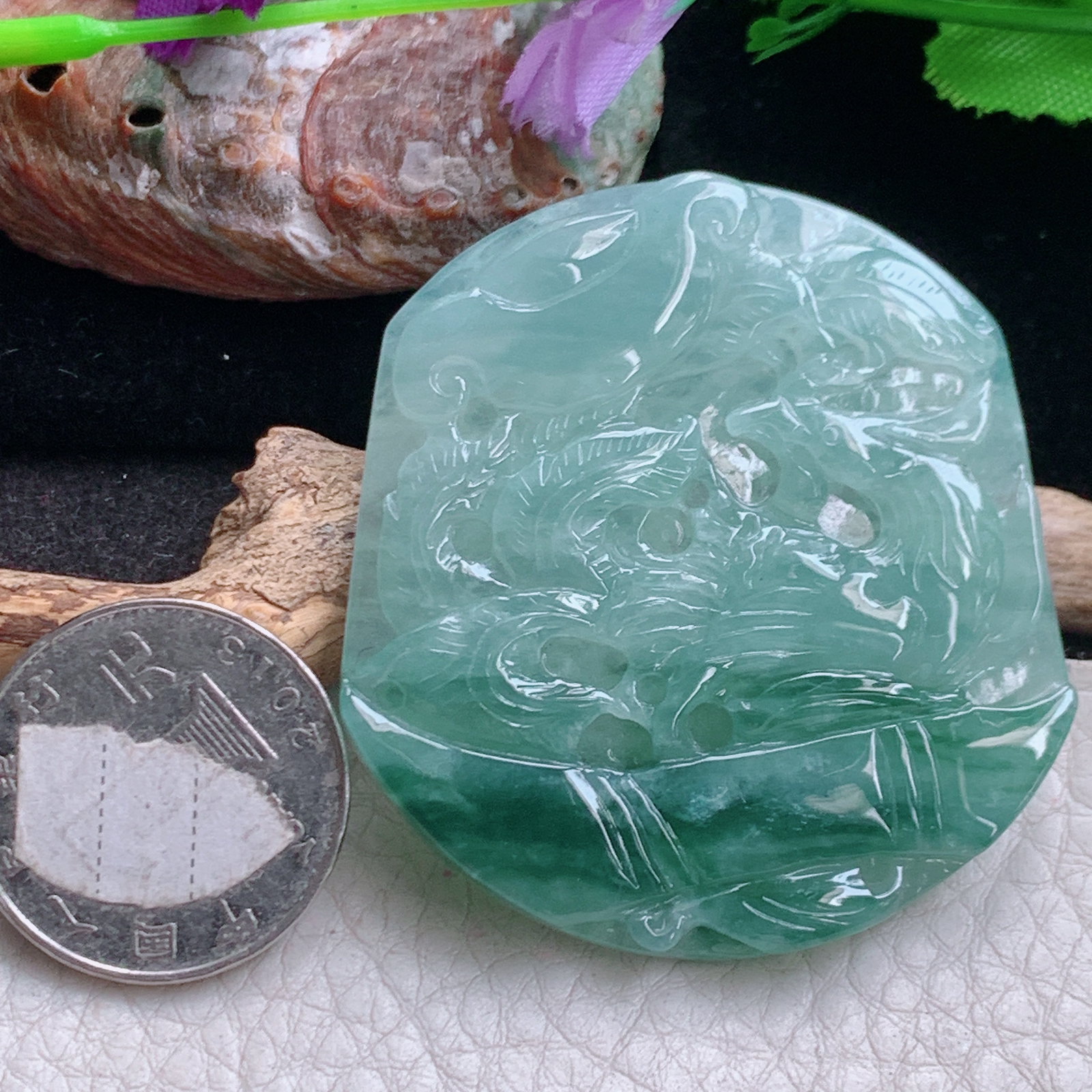 Zen实拍52.8*48.8*5.6缅甸翡翠飘蓝花吉祥如意凤‍牌吊坠