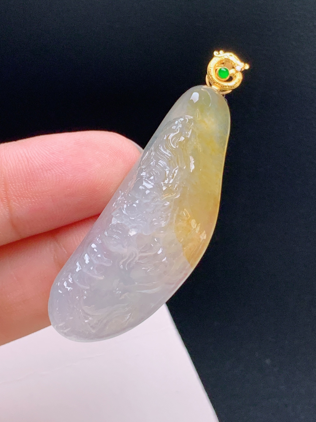 ️ 冰黄翡龙/凤吊坠，冰润起胶，俏色出彩，龙腾福至 裸石45.9-17-11 整体53.5 080916