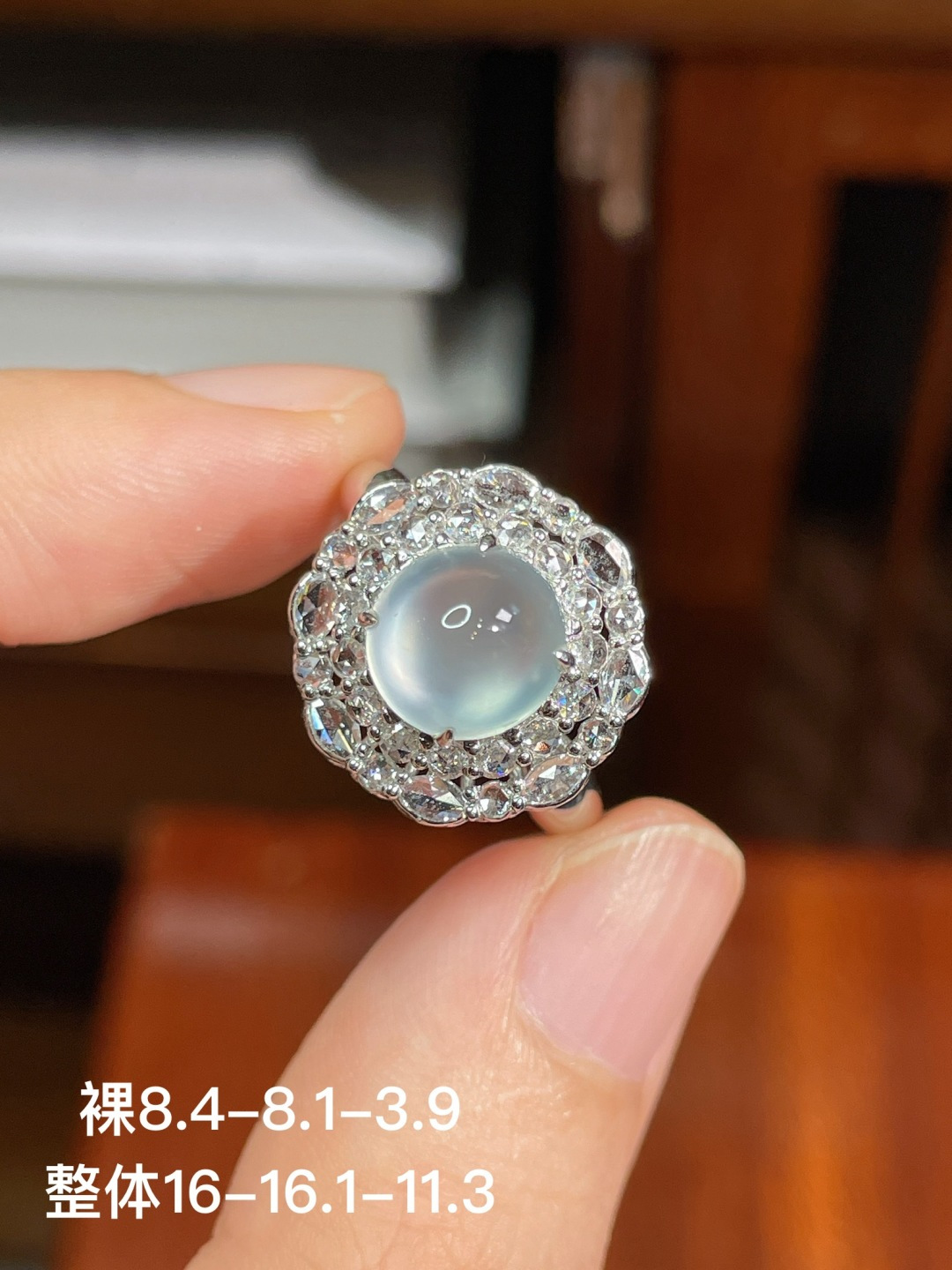 ️冰种蛋面戒指，无裂，18k金镶嵌，8.4-8.1-3.9