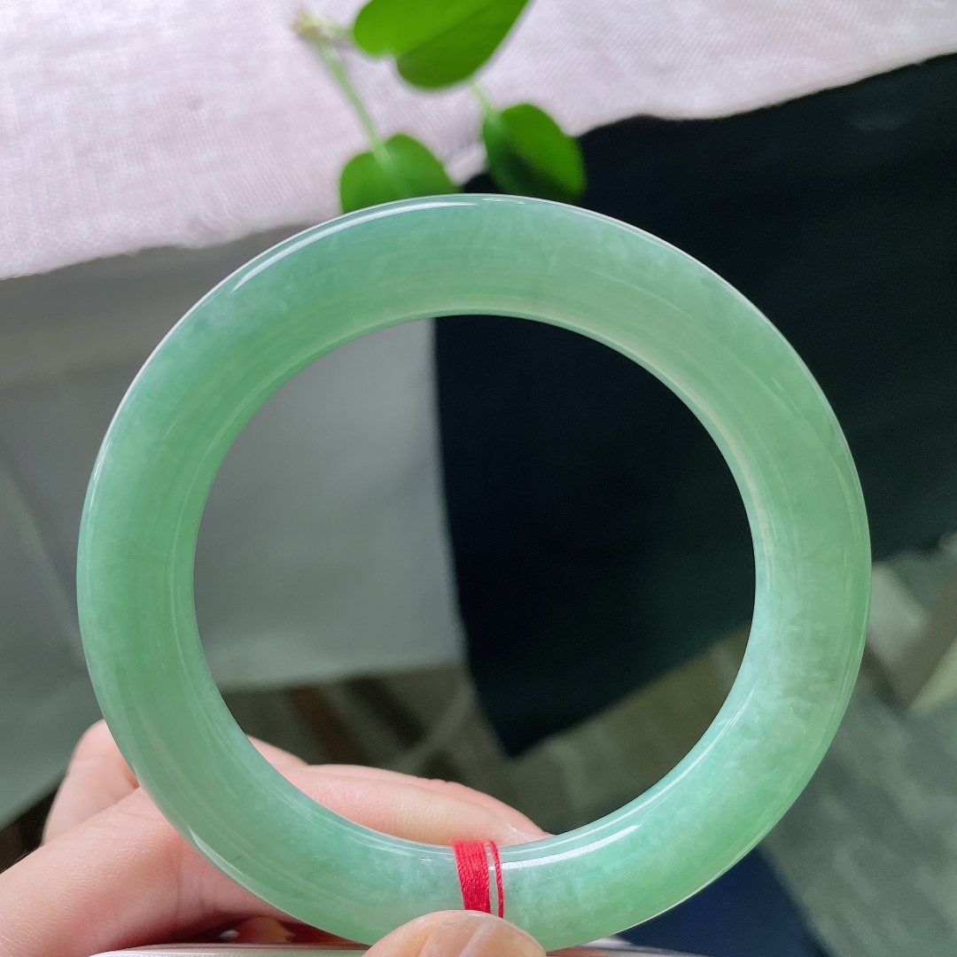 57.3/11，绿底圆条，无裂，镯身线条顺滑圆润，湖绿静谧舒缓，柔光流转，衬得肤色温润。ss59261a